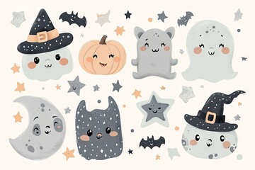 Wall Mural - Minimalism and abstract cartoon vector very cute kawaii halloween clipart, organic forms, desaturated light and airy pastel color palette, nursery art, white background.