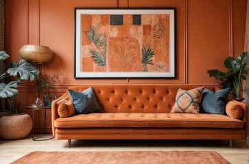 Terra cotta velvet sofa near wainscoting paneling wall with very big square poster frame with boho artwork. Mid century interior design of modern living room.