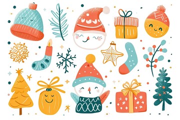  Minimalism and abstract cartoon vector very cute kawaii christmas, xmas clipart, organic forms, desaturated light and airy pastel color palette, nursery art, white background.
