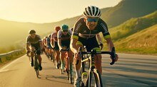 Cyclists With Professional Racing Sports Gear Riding On An Open Road Cycling Route.