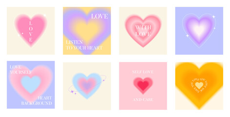 Card with blur colorful gradient hearts set. Template square banner with positive love text. Trendy y2k style design. Modern minimalist style. Vector illustration