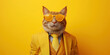 Funny cat wearing yellow sunglasses and suit on yellow background