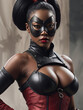 © Ian - Provocative Dominatrix - Close-up portrait of a commanding and poise Black-Asian dominatrix in a seductive crimson mask Gen AI