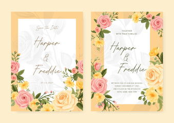Fototapete - Pink and yellow rose vector wedding invitation card set template with flowers and leaves watercolor
