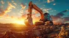 Excavator At A Construction Site Against The Setting Sun