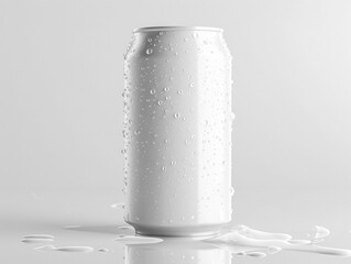 Blank white aluminum drink can with water droplets on white background