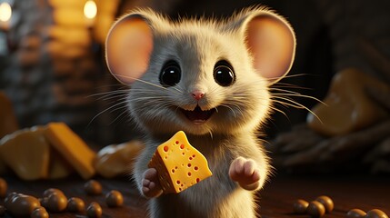 3d illustratoin of cute gray mouse standup with a piece cheese.