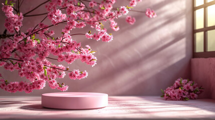 Wall Mural - pink podium for product presentation with cherry blossoms.