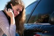 A Young Woman on the Phone, Her Gaze Fixed on the Scratches on Her Car. Feeling extremely anxious due to the lack of car insurance. uninsured motorist coverage concept.