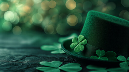 background with green hat, and clover leaves. st. patrick's day concept.