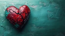  A Broken Red Heart Sitting On Top Of A Green Wall Next To A Green Wall With Peeling Paint On It.