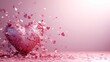  a heart shaped object in the middle of a pile of confetti on a pink background with a splash of water on the floor.