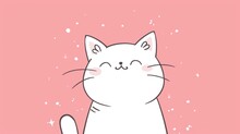  A White Cat With Its Eyes Closed Sitting In Front Of A Pink Background With Snow Flakes On The Ground.