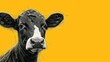  a close up of a black and white cow looking at the camera with a yellow background and a black and white cow's head.