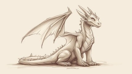 Wall Mural -  a drawing of a dragon sitting on the ground with its wings spread out and its head turned to the side.