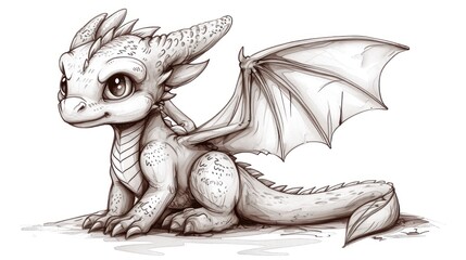 Wall Mural -  a drawing of a baby dragon sitting on the ground with its wings spread out and eyes wide open, looking like a baby dragon.