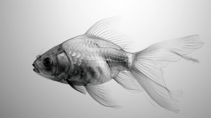 Wall Mural -  a black and white photo of a fish on a light gray background with a reflection of the fish in the water.