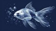  a black and white drawing of a goldfish with bubbles of water on it's side and a blue background.
