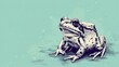  a drawing of a frog sitting on top of a puddle of water on a blue background with drops of water around it.
