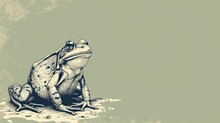  A Drawing Of A Frog Sitting On The Ground With Its Head Turned To The Side, With A Light Green Background.
