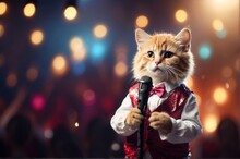 Cute Cat Become Singer, Standing Singing On Stage