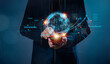 © teerawat - Businessman holding hologram of Global business network connection, Analyzation big data and business intelligence concept, Global business and digital link tech.