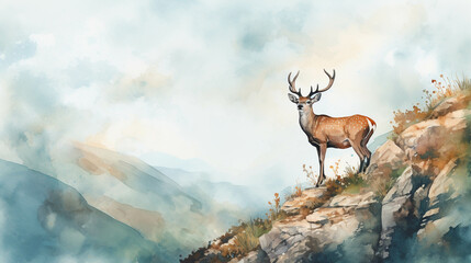 Wall Mural - Watercolor image of a deer standing on a cliff.