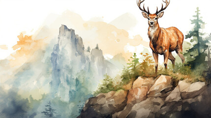 Wall Mural - Watercolor image of a deer standing on a cliff.