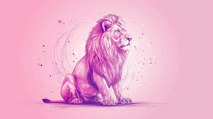 Wall Mural -  a drawing of a lion sitting in front of a pink background with a circle of stars in the middle of the image.