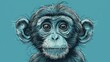  a drawing of a monkey's face with a sad look on it's face and a blue background.