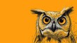  a close up of an owl's face on a yellow background with a black and white drawing of an owl's head.