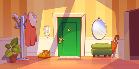 Poster - Home hallway interior with furniture. Vector cartoon illustration of light room with green entrance door, mirror and phone on wall, coat on hanger, boots on floor, flower pot, umbrella in corner