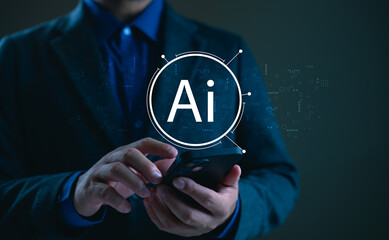 Poster - Technology and people concept man use AI to help work, AI Learning and Artificial Intelligence Concept. Business, modern technology, internet and networking concept. AI technology in everyday life.