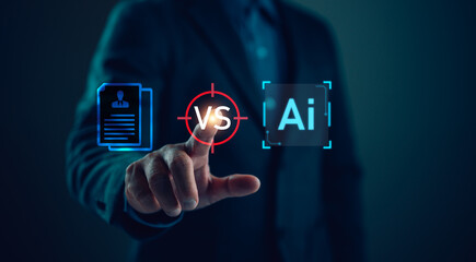 Aufkleber - AI vs human competition, Division of labor between humans and AI, Human jobs are being replaced by AI technology, AI Learning and Artificial Intelligence Concept. Business, modern technology.