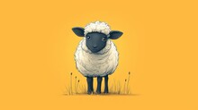  A Black And White Sheep Standing On Top Of A Grass Covered Field With Tall Grass In Front Of A Yellow Background.