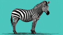  A Black And White Zebra Standing In Front Of A Teal Blue Background With A Black And White Drawing Of It's Head.