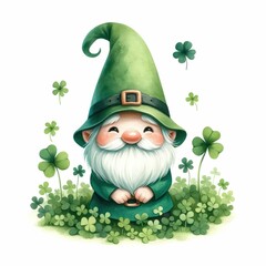 Wall Mural - Gnome with clover leaf isolated on white background, St. Patrick's Day concept clipart.