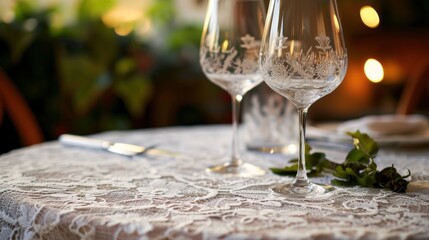 Wall Mural -  a couple of wine glasses sitting on top of a table next to a plate with a knife and fork on it.