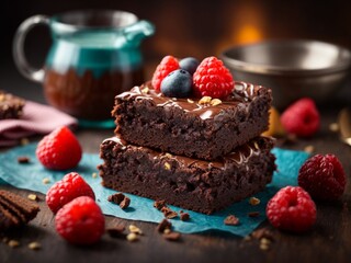 Rich and fudgy brownies with fudgy middles and the best crinkly tops, cinematic dessert photography 