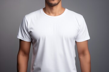 Poster - white casual t-shirt mockup for design. A man wearing a white t-shirt on grey background