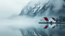  A White House With A Red Roof Sitting On A Body Of Water With A Mountain In The Background And Fog In The Air.