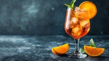  a close up of a drink in a glass with ice and orange slices on a table with a dark background.
