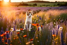 Kitty Cat And Puppy On Wild Meadow Field ,groop Of Bee And Butterfly On Flowers Lavender, Poppy ,daisies, Cornflowers At Summer Sunset ,nature Landscape And Animals Life