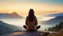Facing Back Young Woman Practicing Meditation Or Yoga, Sitting On A Rock Over The Mountain With Beautiful Lake View At Sunrise Or Sunset.