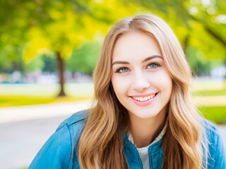 Wall Mural - Beautiful young woman's face smiling happily, copyscape, blurred park background