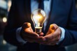 © Wayu - Inspirational thoughts Human hand holds a light bulb for lighting. Ideas for creativity and inspiration for sustainable business development and success generative by ai