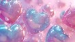  a group of heart shaped bubbles floating on top of a pink and blue liquid filled air filled with air bubbles.