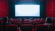 © buraratn - Cinema blank wide screen and people in red chairs in the cinema hall. Blurred People silhouettes watching movie performance