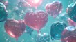  a bunch of heart shaped balloons floating in the air on a blue and pink background with bubbles in the air.