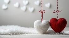  Two Red And White Hearts Hanging From A String On A White Carpet With Hearts Hanging From The Strings Of The String.